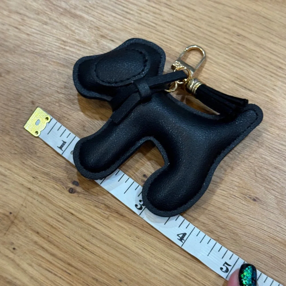 Black Faux Leather Scottie Dog Bag Charm Tassel Keychain Gold Tone Hardware